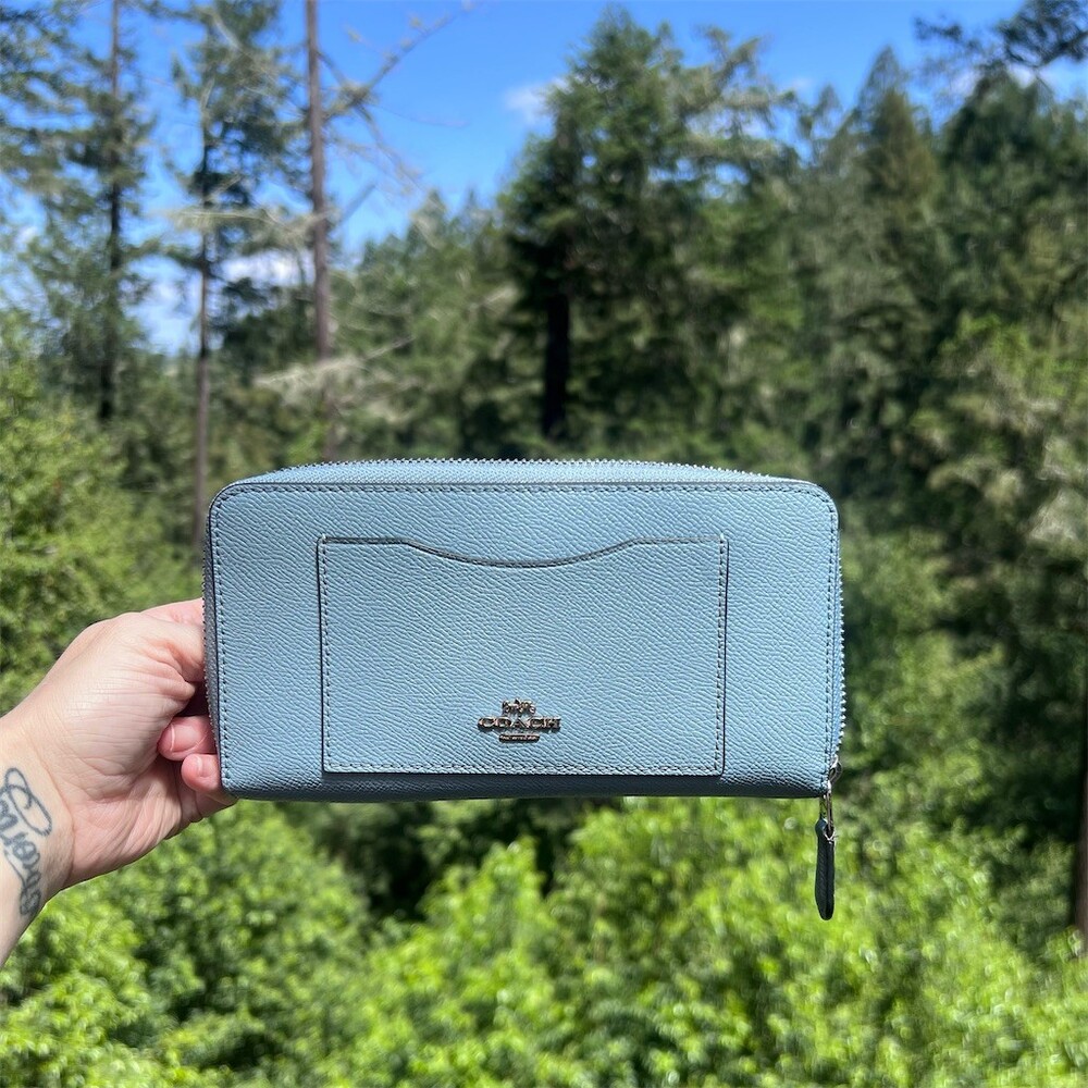 COACH Long Zip-Around Light Blue Crossgrain Leather Wallet with Silver Hardware